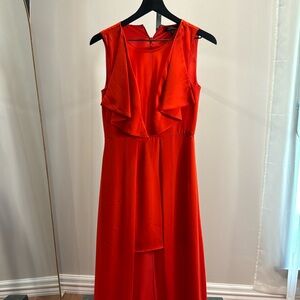 BCBG red orange high-low gown with ruffles on top